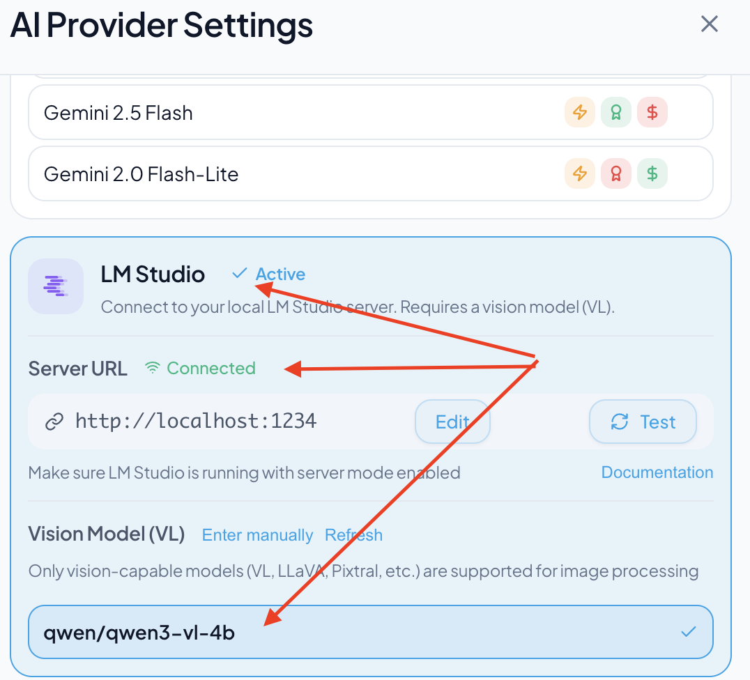 RenameClick Configure Models screen for LM Studio